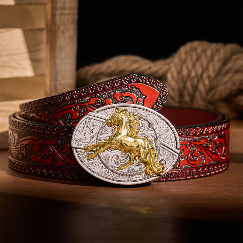 Silver & Gold Galloping Horse DIY Hidden Folding Knife Buckle Leather Belt