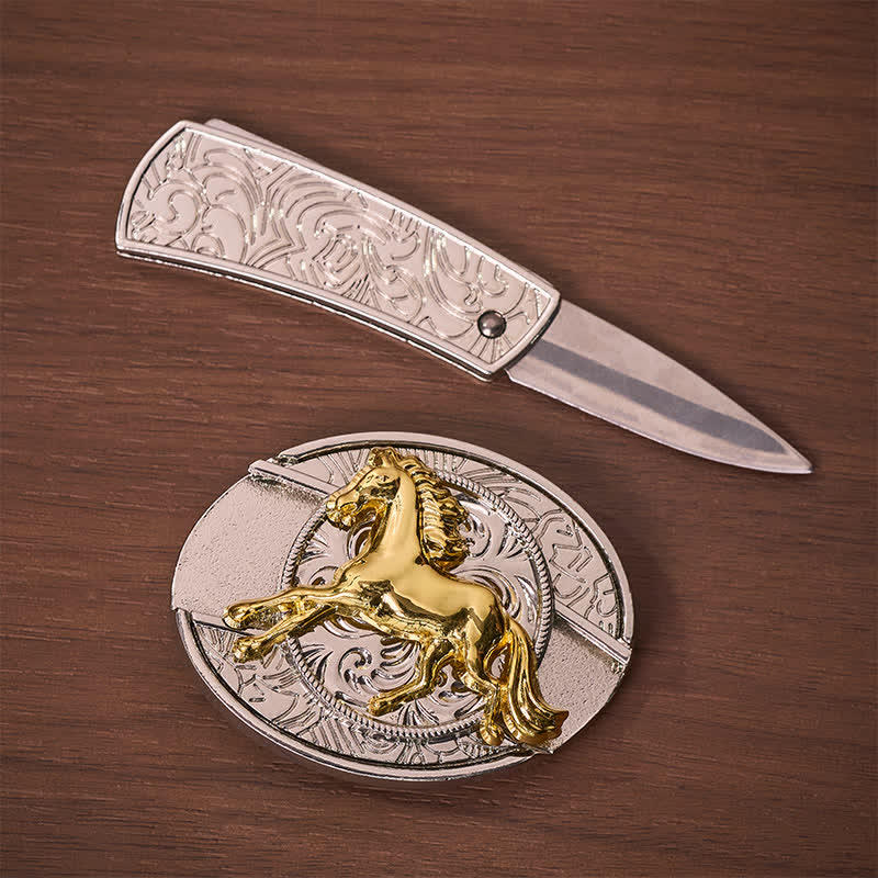 Silver & Gold Galloping Horse DIY Hidden Folding Knife Buckle Leather Belt