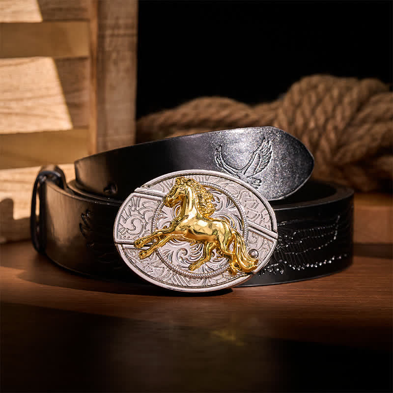 Silver & Gold Galloping Horse DIY Hidden Folding Knife Buckle Leather Belt