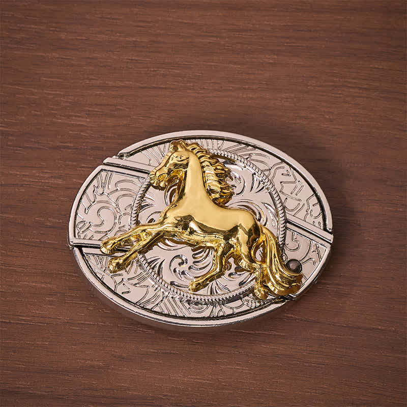 Silver & Gold Galloping Horse DIY Hidden Folding Knife Buckle Leather Belt