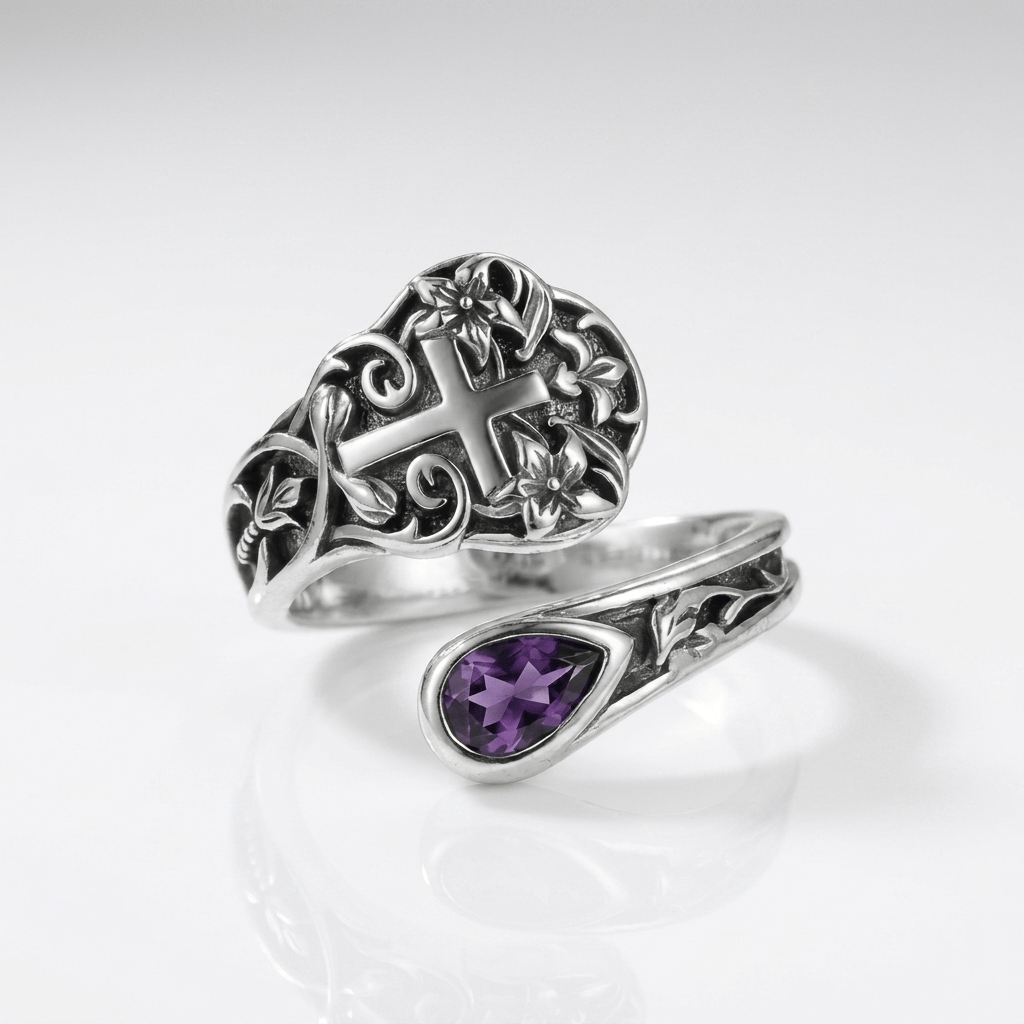 PURPLE GRACE CROSS FLORAL RING - (ADJUSTABLE)