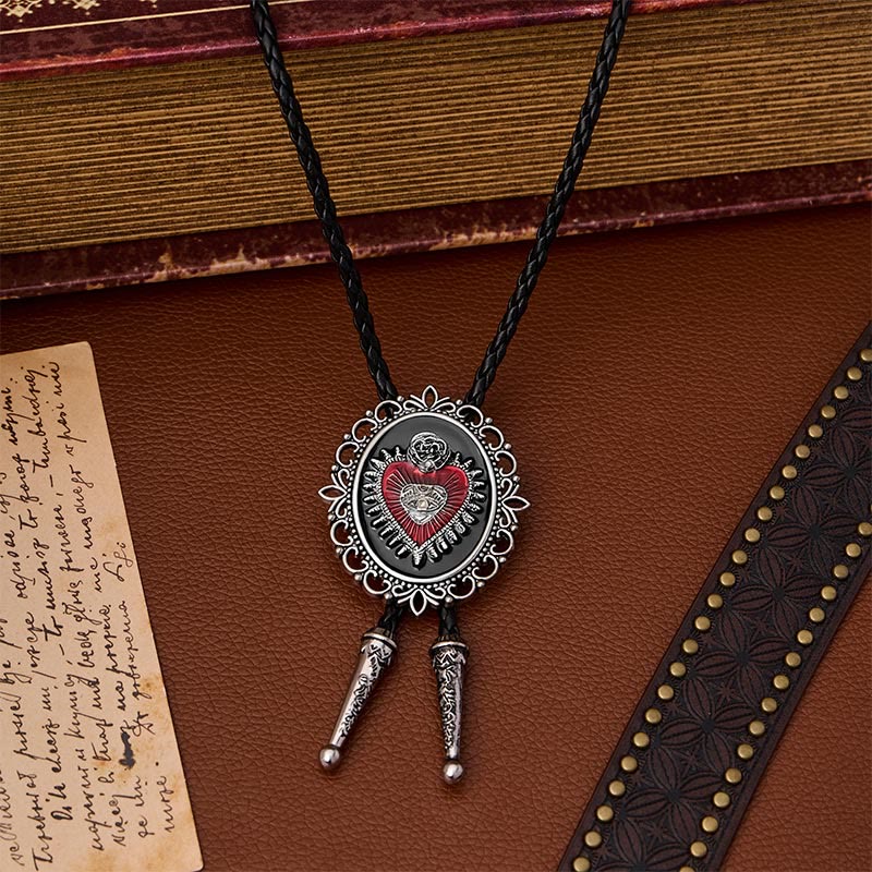 Vintage Floral Oval Sacred Heart Eye Rose Bolo Tie