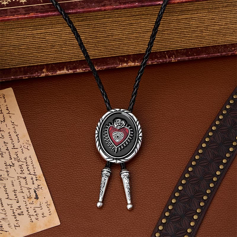 Twisted Border Oval Sacred Heart All Seeing Eye Rose Bolo Tie