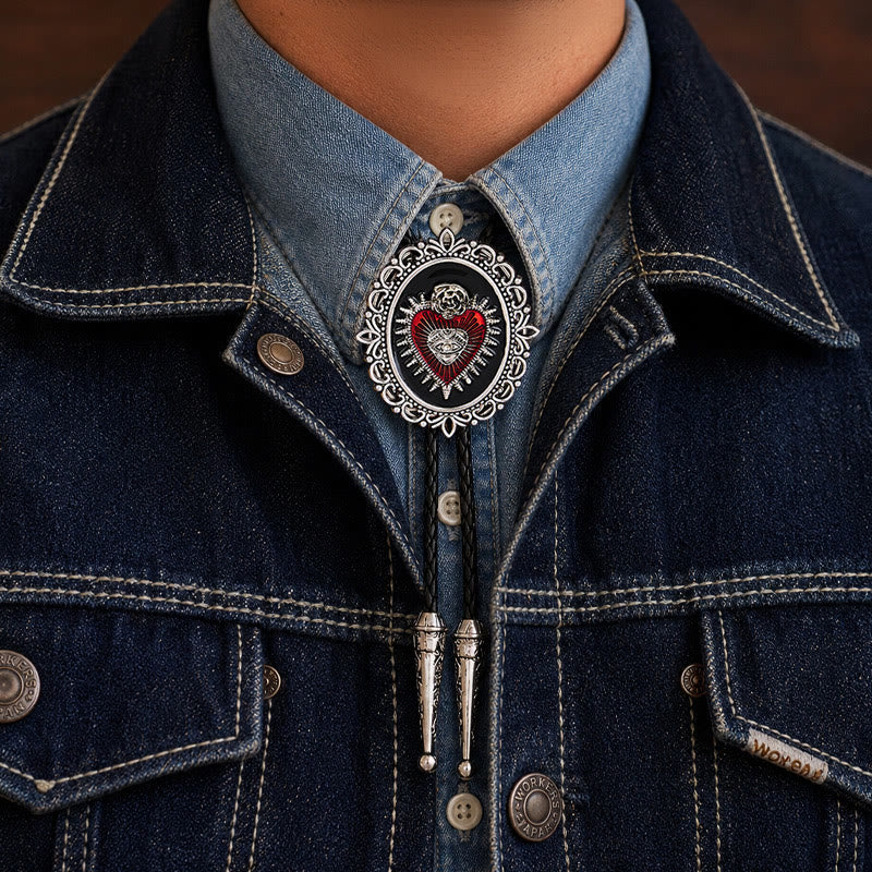 Vintage Floral Oval Sacred Heart Eye Rose Bolo Tie