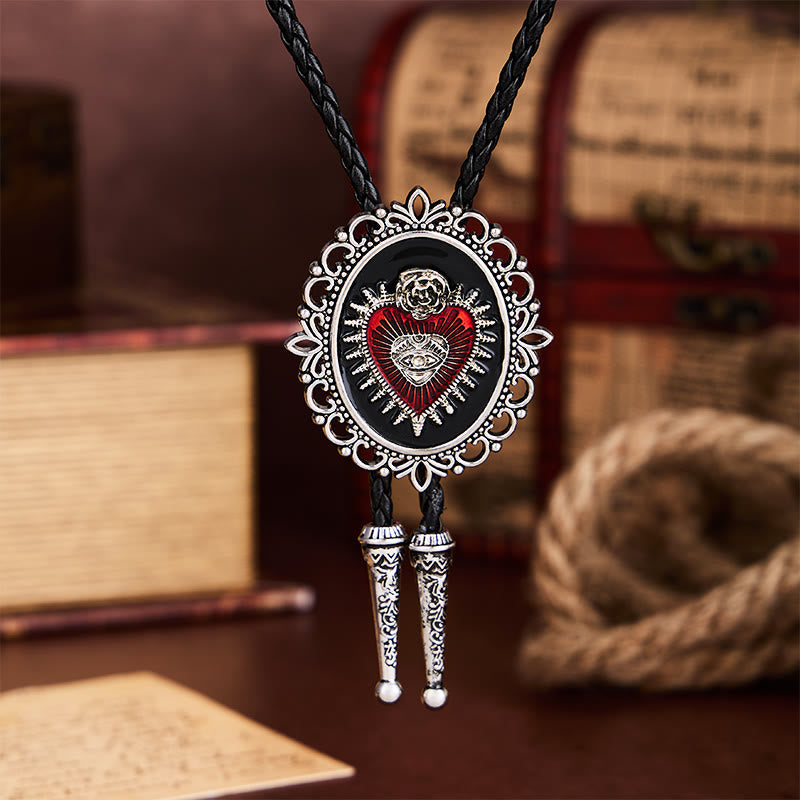 Vintage Floral Oval Sacred Heart Eye Rose Bolo Tie