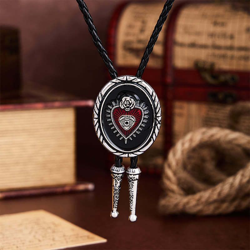 Twisted Border Oval Sacred Heart All Seeing Eye Rose Bolo Tie