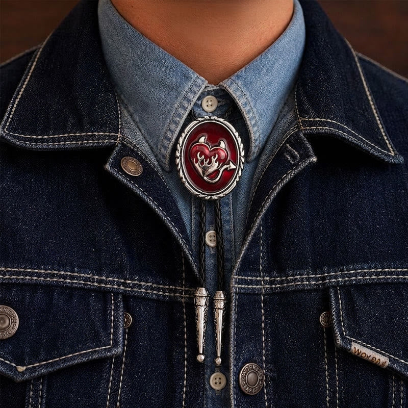 Devil's Flaming Heart Western Pendant Bolo Tie