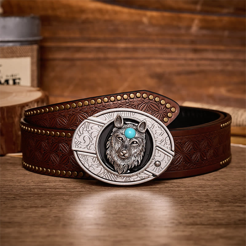 Turquoise Wolf DIY Hidden Folding Knife Buckle Leather Belt