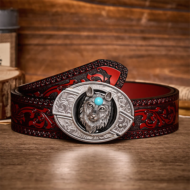 Turquoise Wolf DIY Hidden Folding Knife Buckle Leather Belt