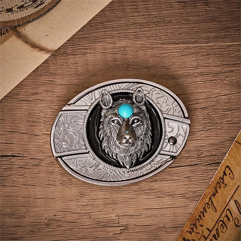 Turquoise Wolf DIY Hidden Folding Knife Buckle Leather Belt