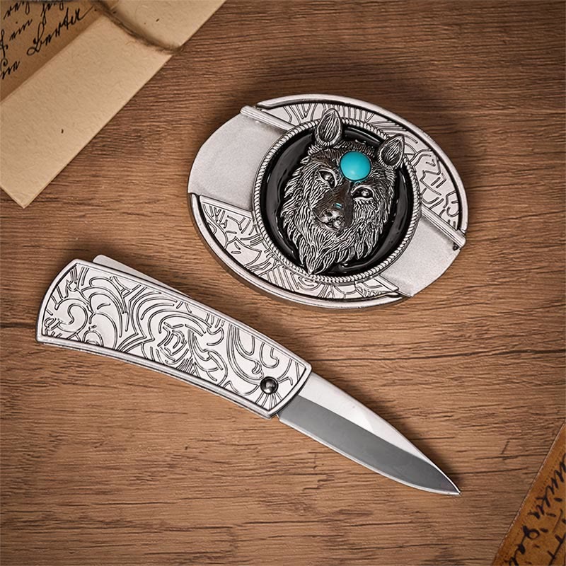 Turquoise Wolf DIY Hidden Folding Knife Buckle Leather Belt