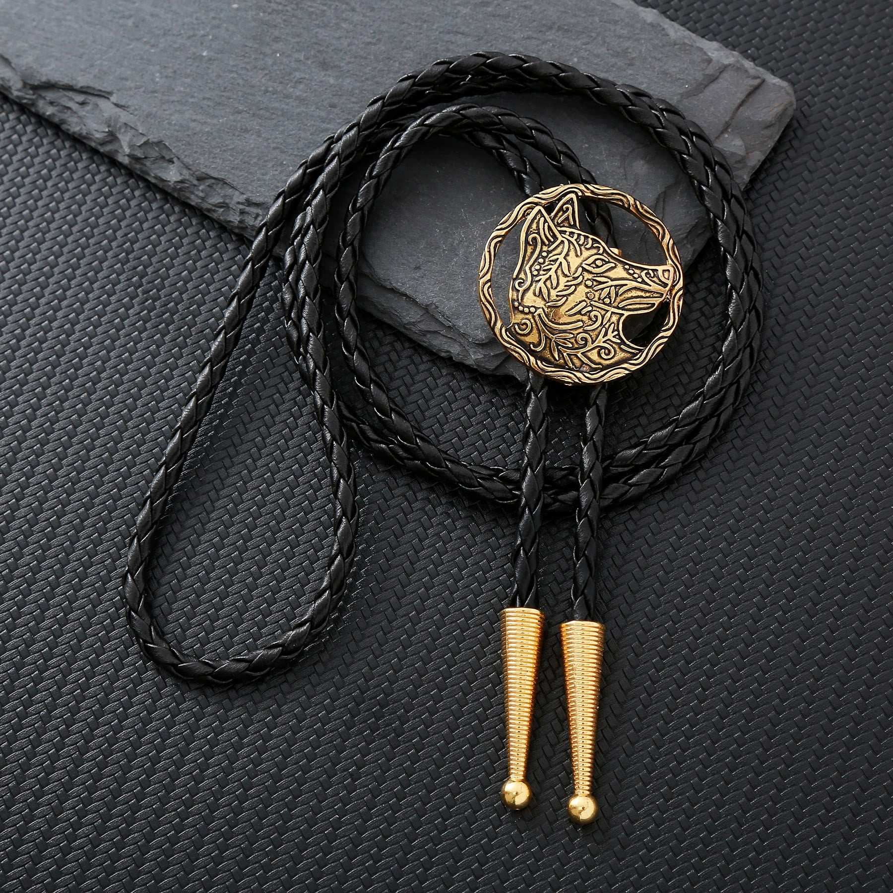 Vintage Antique Gold Hollow Wolf Head Bolo Tie