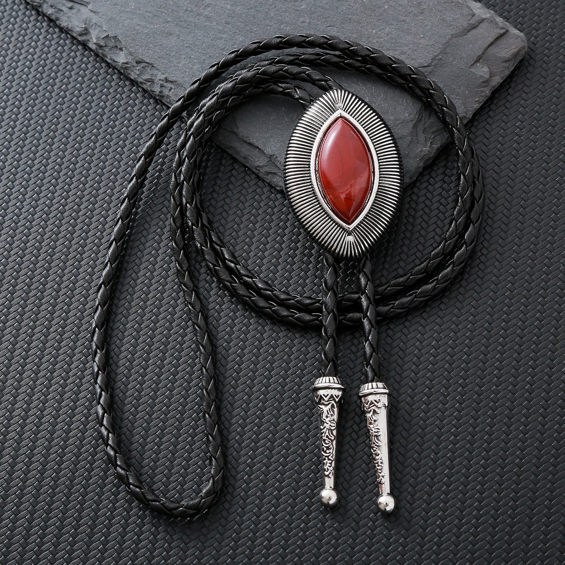 Vintage Antique Twisted Border Oval Cat Eye Stone Bolo Tie
