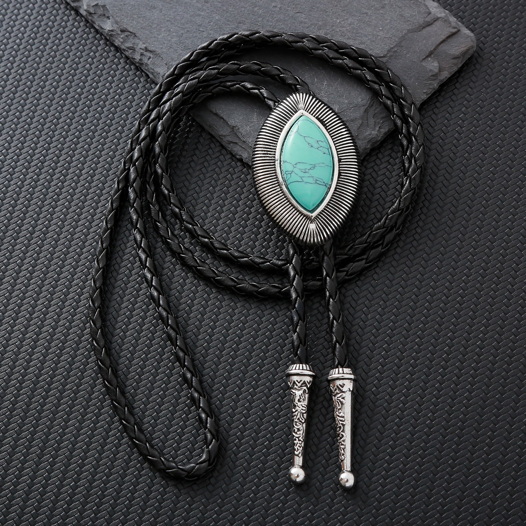 Vintage Antique Twisted Border Oval Cat Eye Stone Bolo Tie