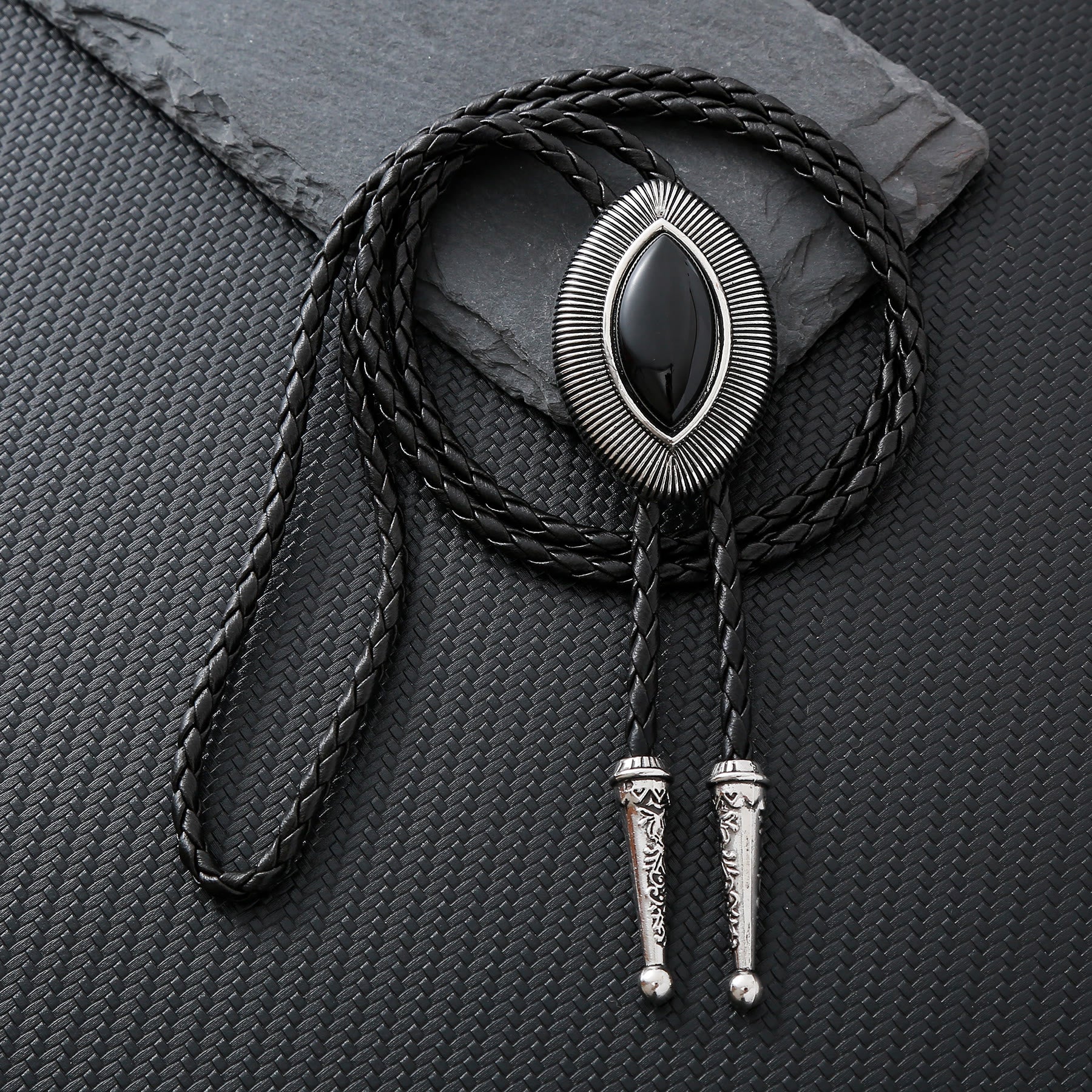 Vintage Antique Twisted Border Oval Cat Eye Stone Bolo Tie