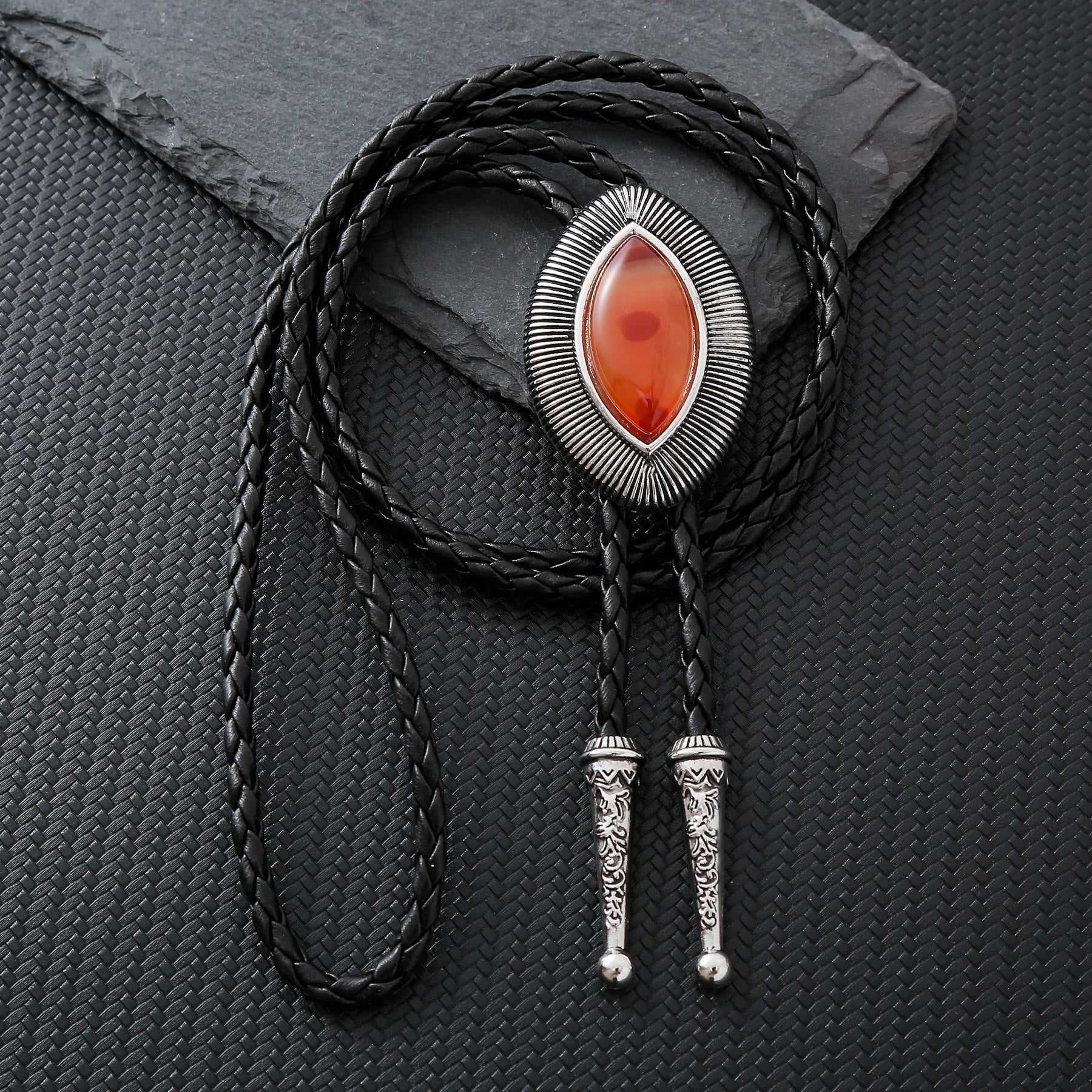 Vintage Antique Twisted Border Oval Cat Eye Stone Bolo Tie