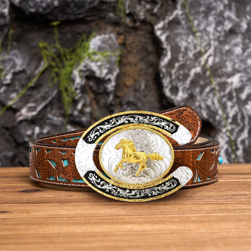 Golden Running Horse Horseshoe DIY Large Buckle Leather Belt