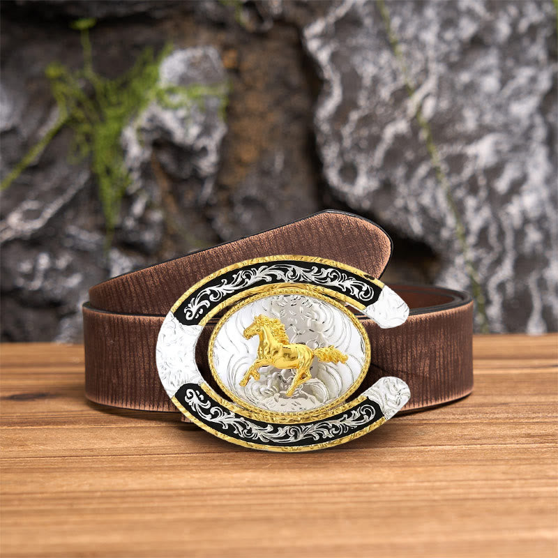 Golden Running Horse Horseshoe DIY Large Buckle Leather Belt