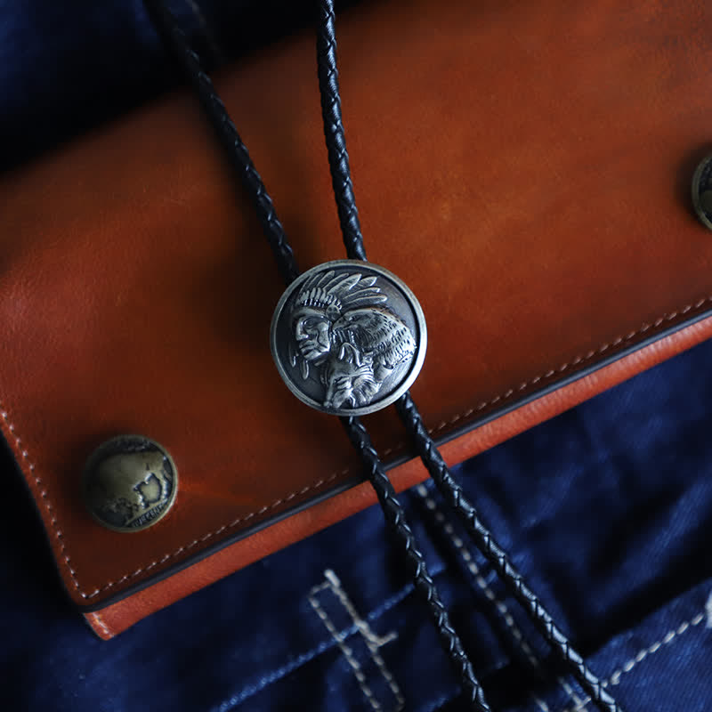 Cowboy Carving Indian Chief Head Bolo Tie