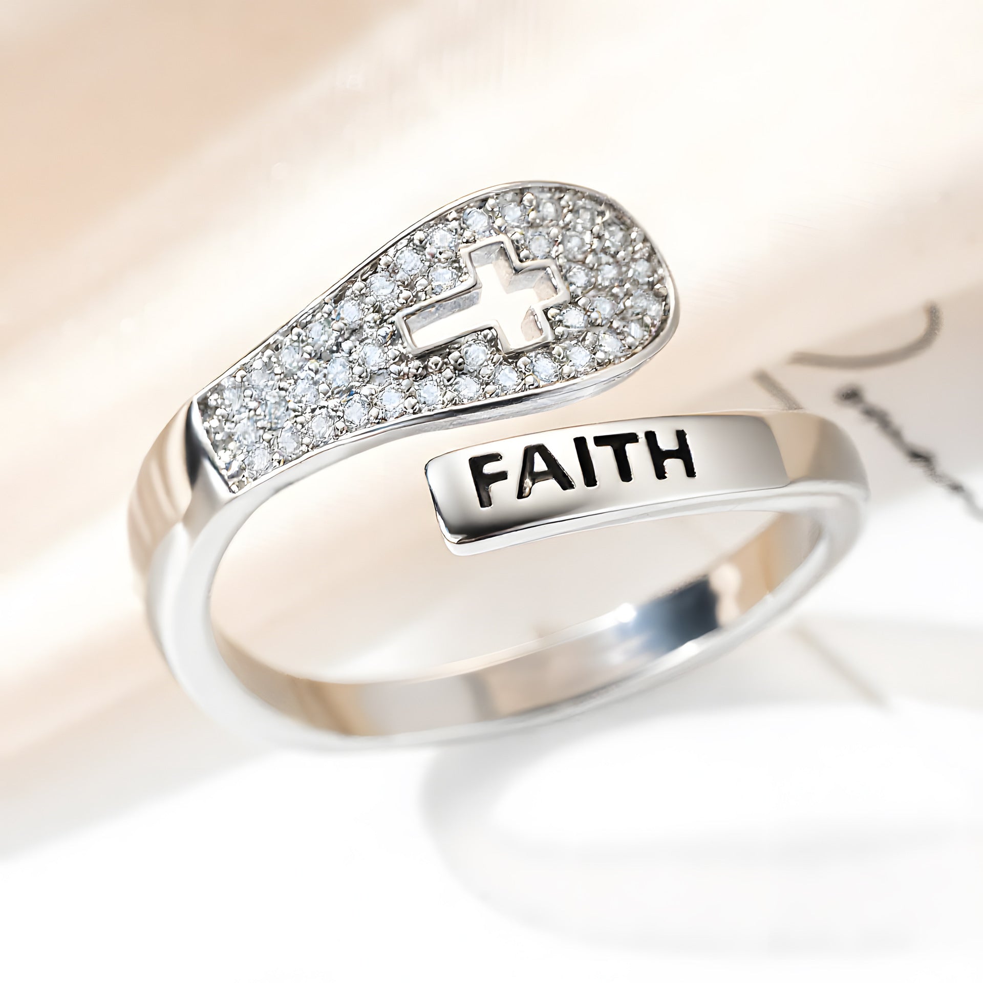 Faith Cross Zircon Adjustable Ring For All