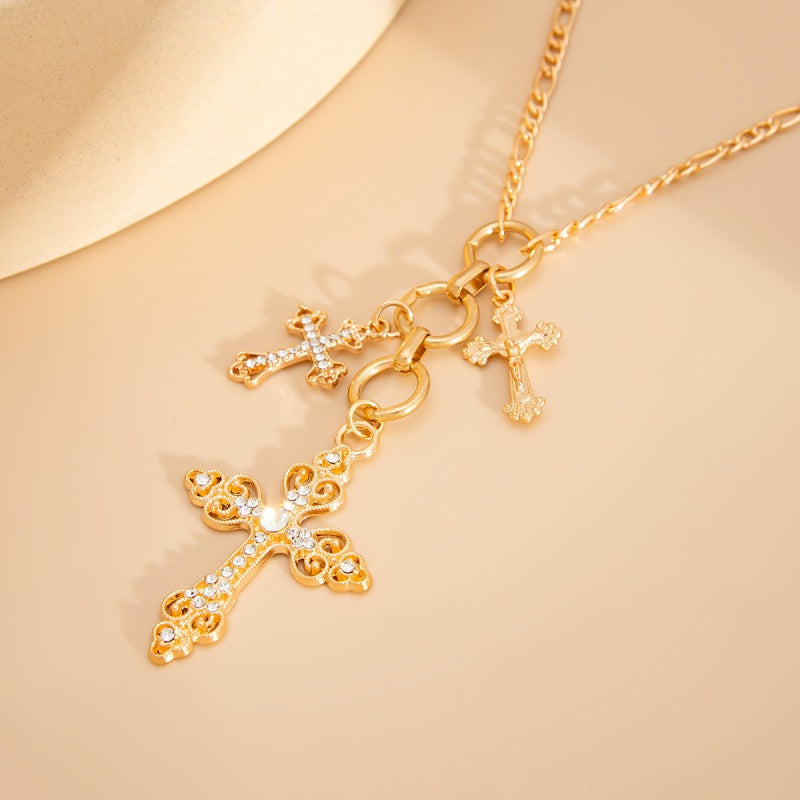 Vintage Multi Cross Gold Rhinestone Necklace