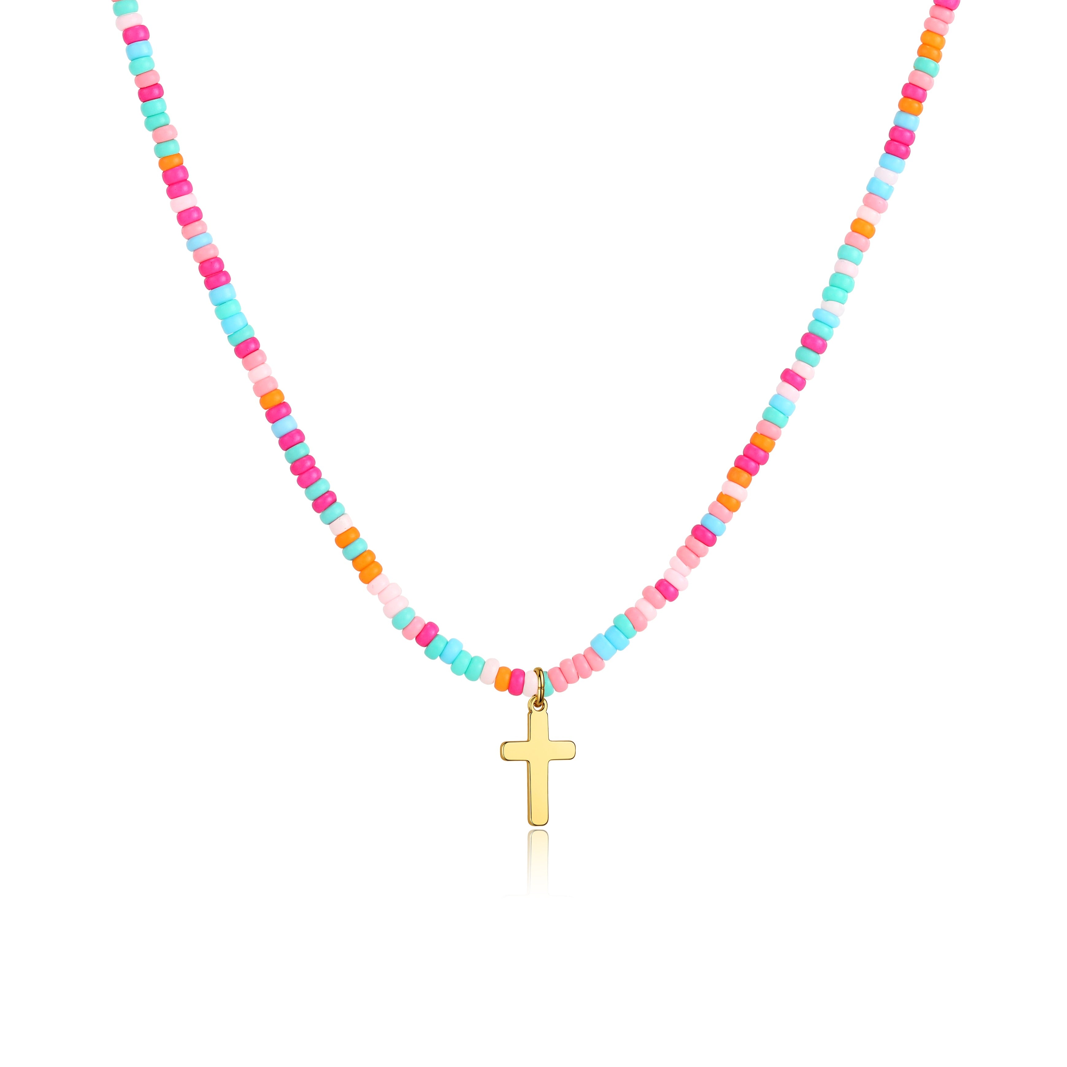 Colorful Beaded Cross Pendant Necklace