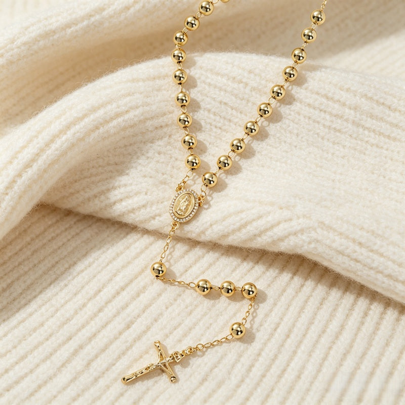 Gold Rosary Virgin Mary Cross Necklace