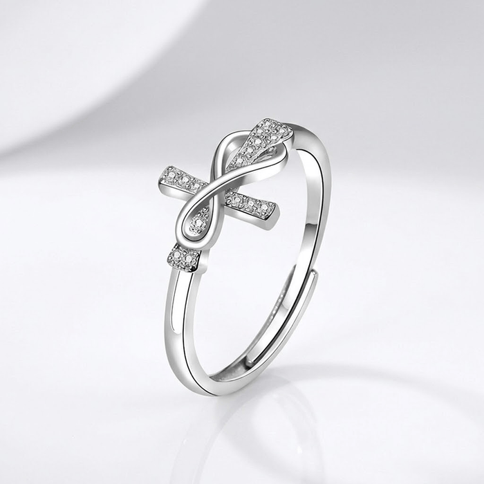 TIE & CROSS SILVER RING WITH ZIRCONS - (ADJUSTABLE)
