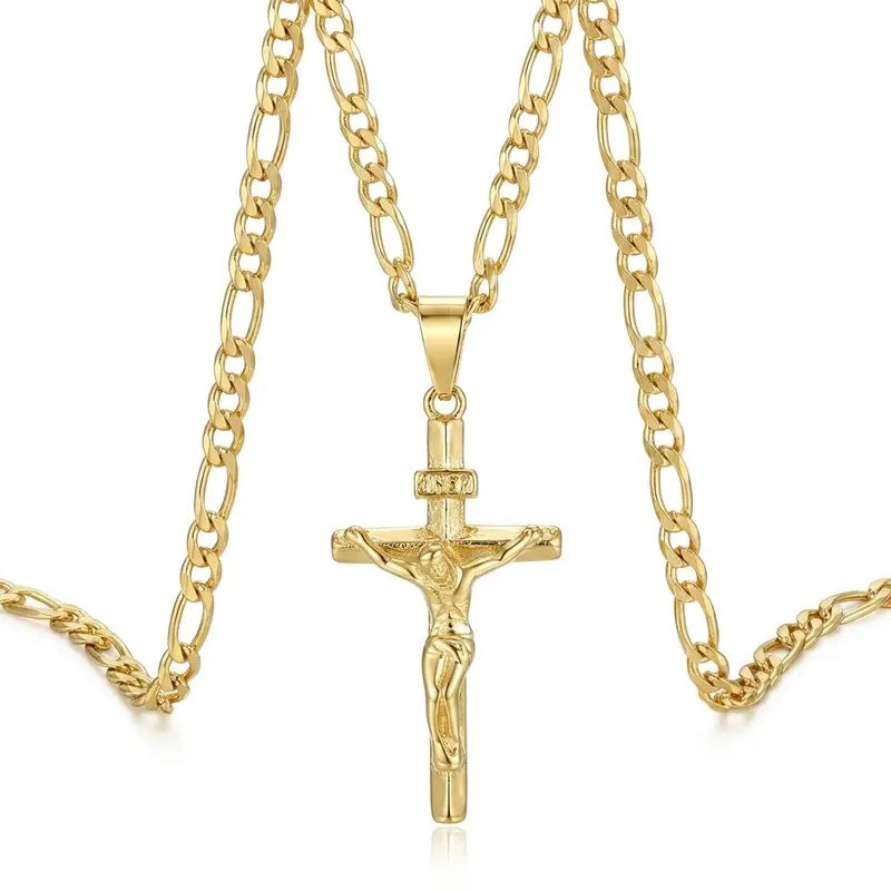 Gold Crucifix Necklace Figaro Chain
