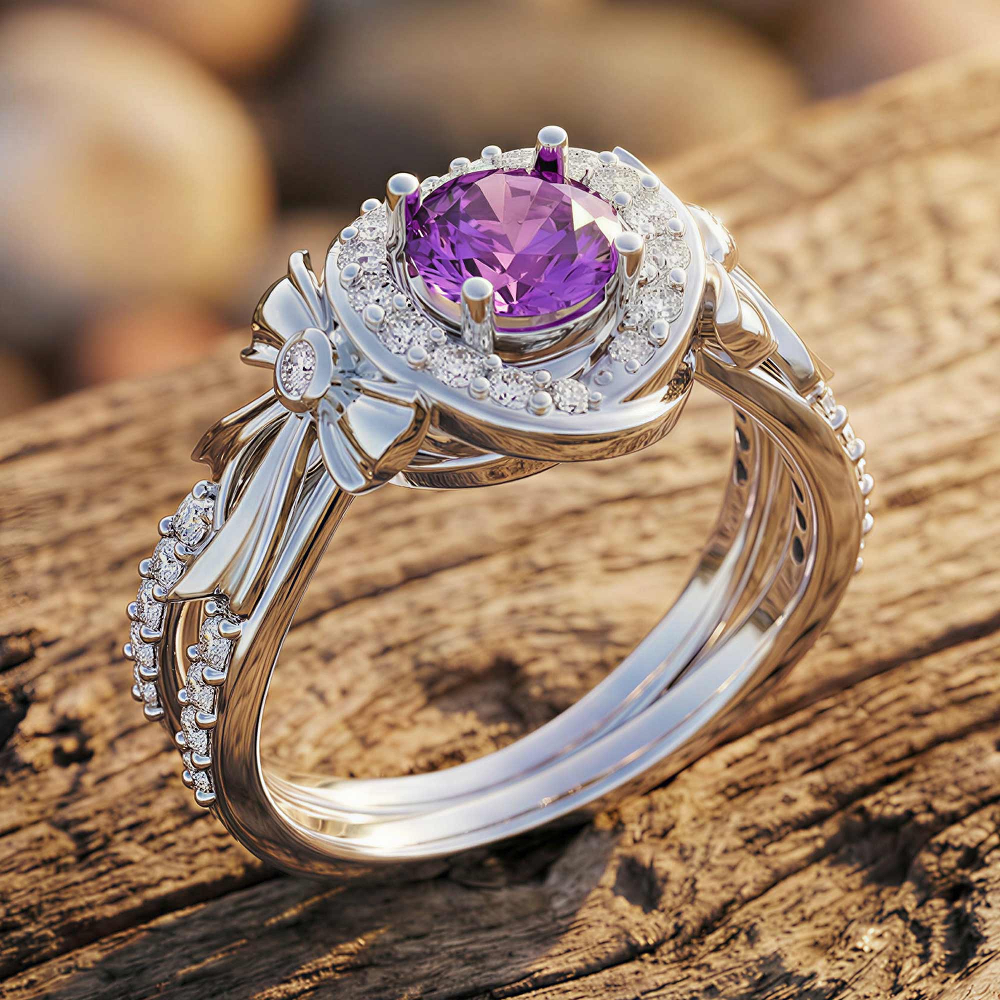 Graceful Bow Entwined Ring - Amethyst