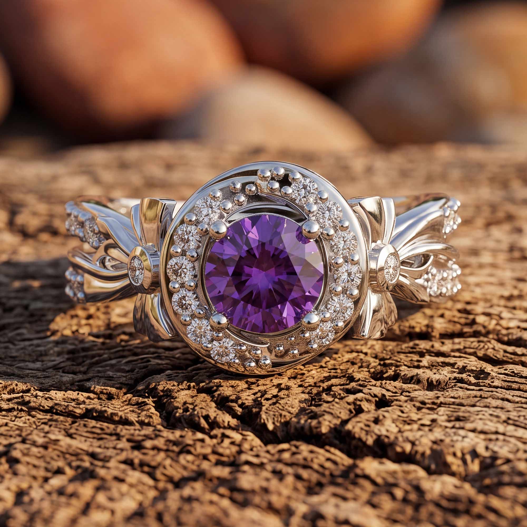 Graceful Bow Entwined Ring - Amethyst
