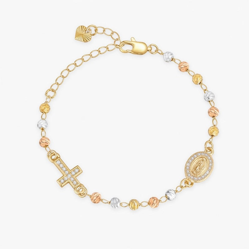 Gold Rosary Bead Cross Bracelet for Women