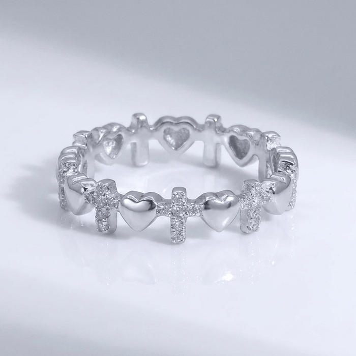 SILVER CROSS & HEARTS RING