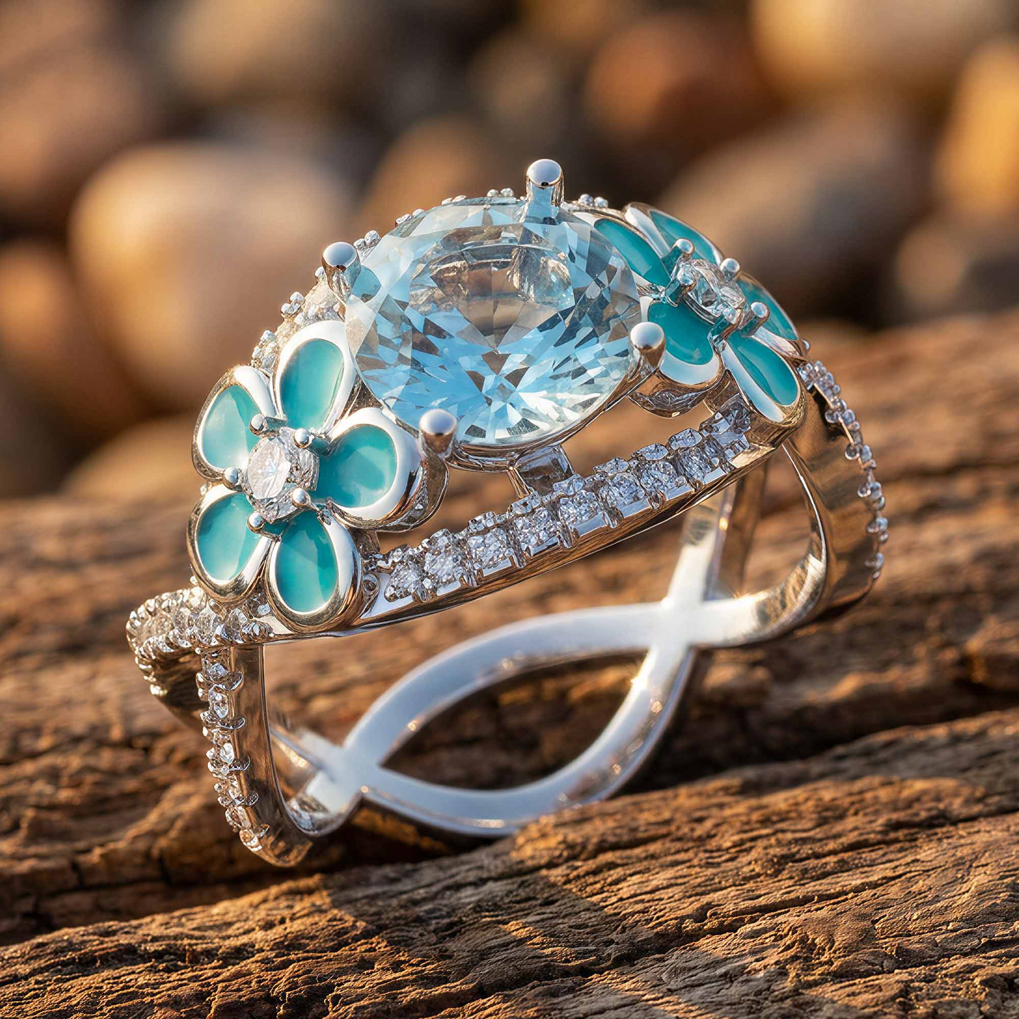 Intertwined Blooming Bud Ring - Aquamarine