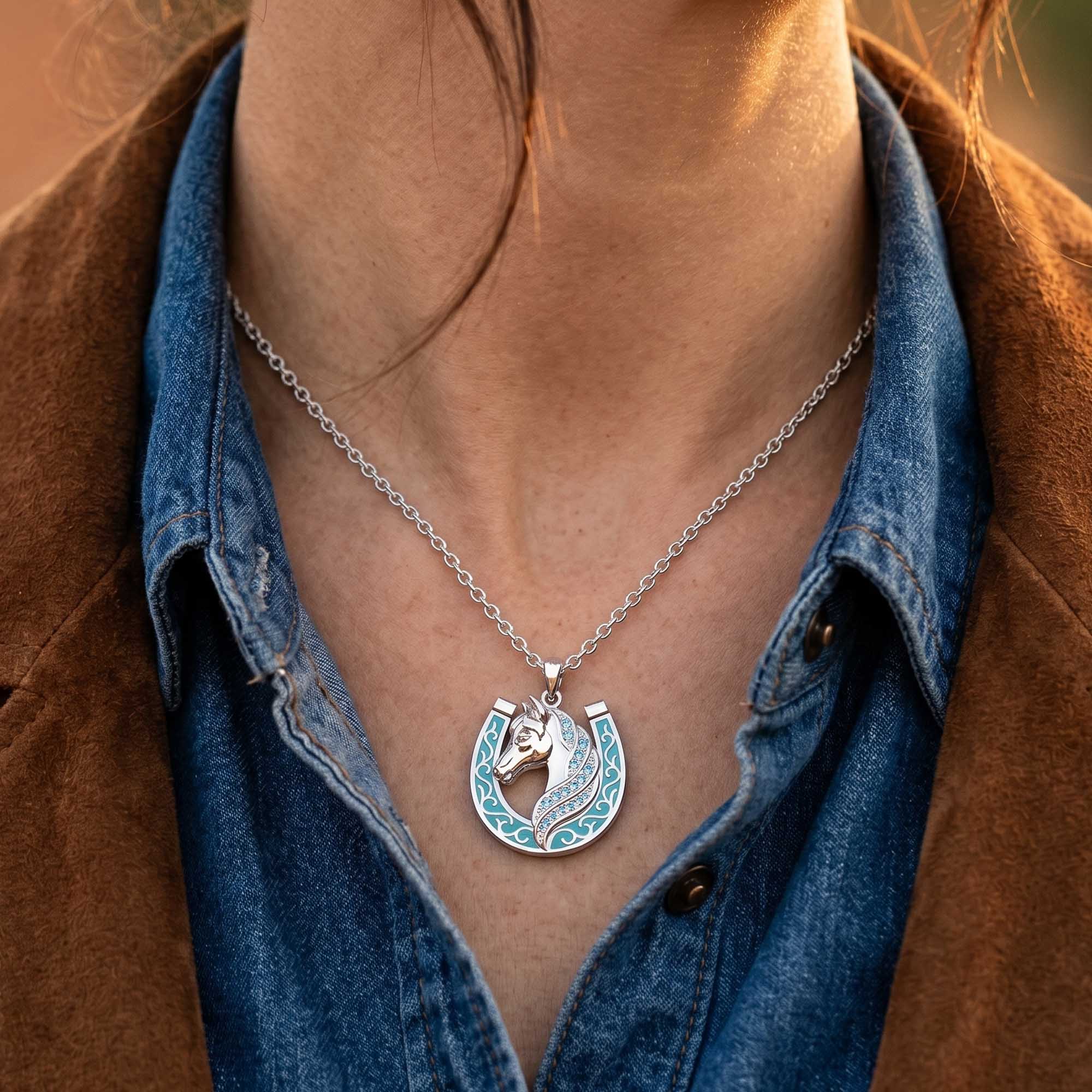 Mustang Horseshoe Necklace - Aquamarine
