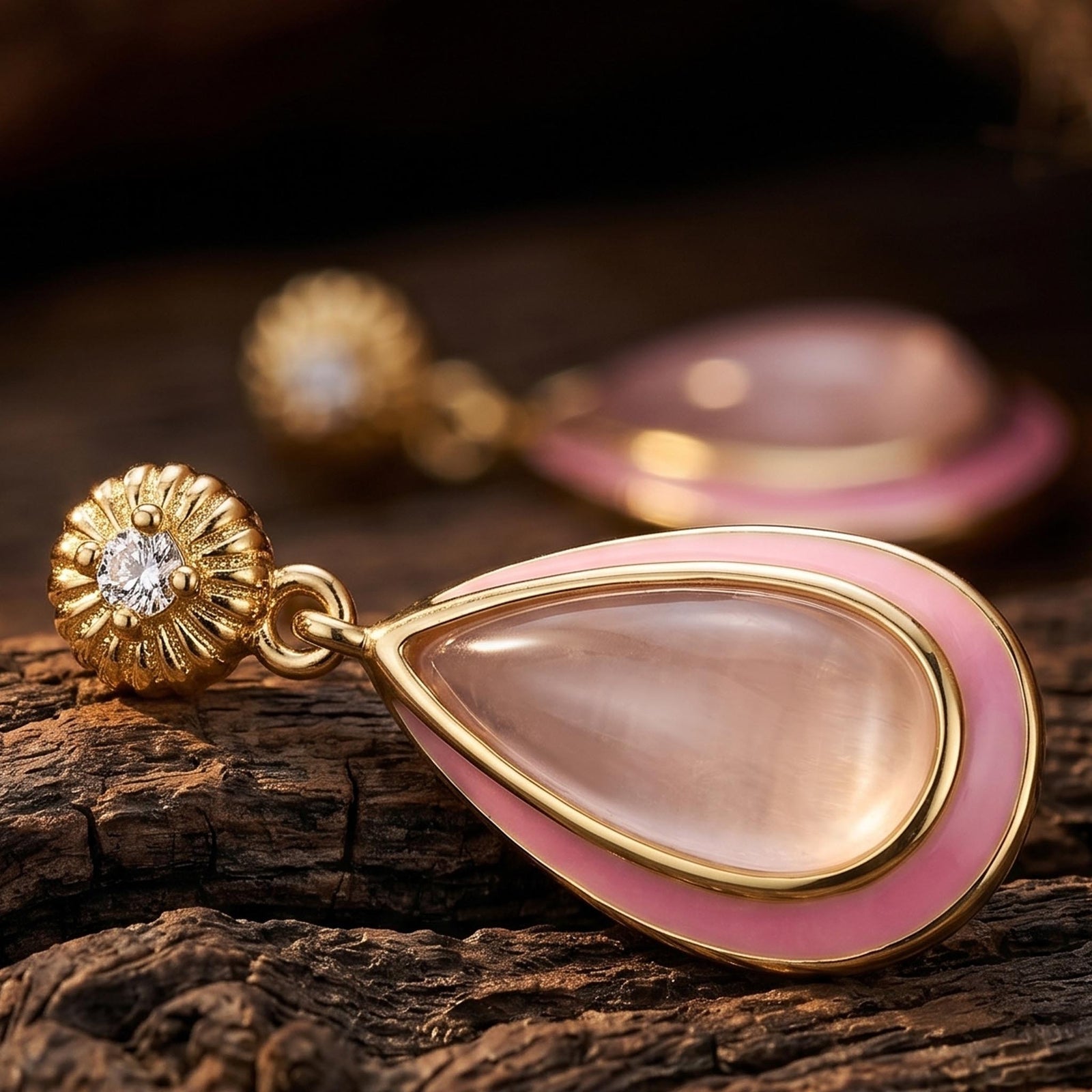 Ripple Teardrop Earrings - Rose Quartz