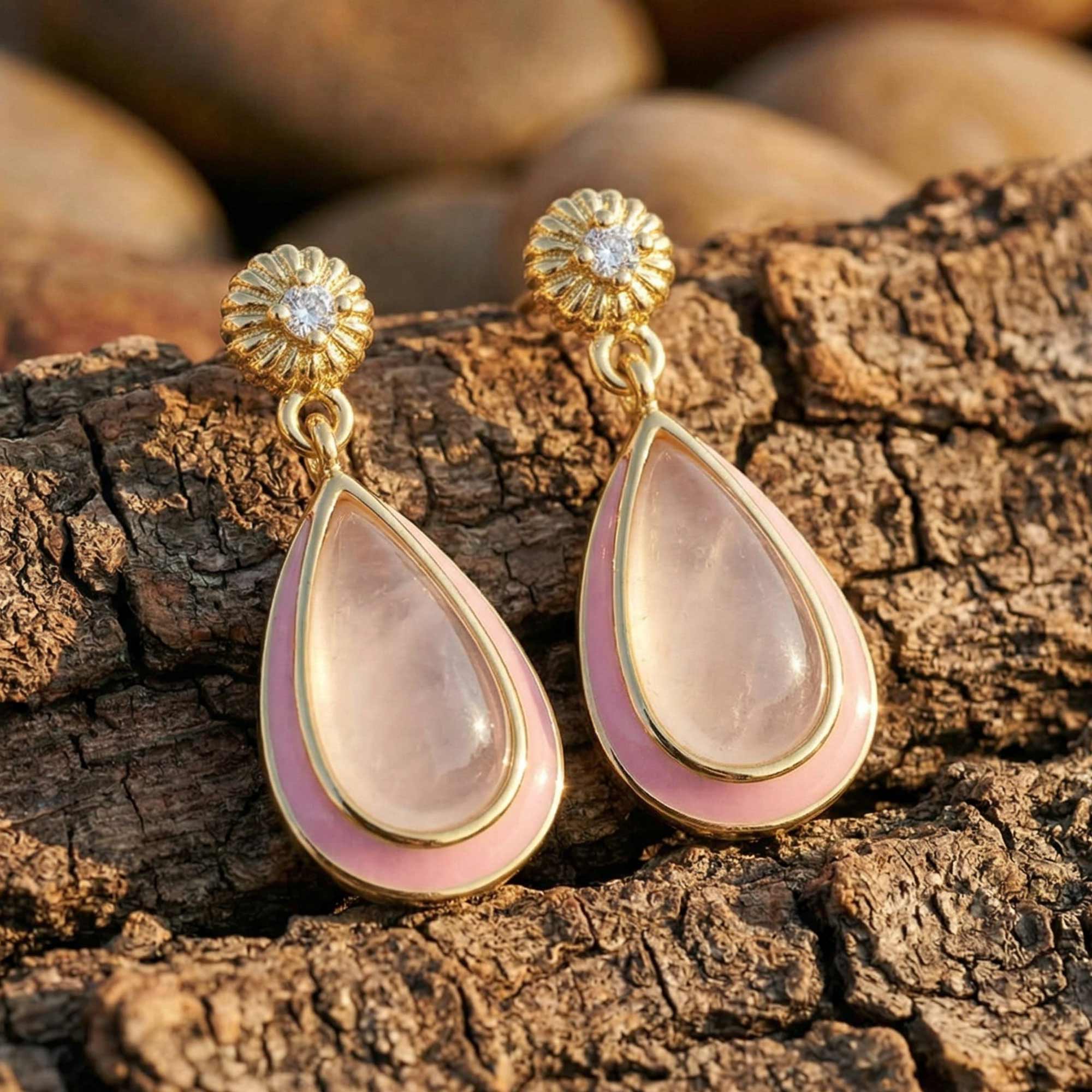 Ripple Teardrop Earrings - Rose Quartz