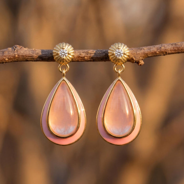 Ripple Teardrop Earrings - Rose Quartz