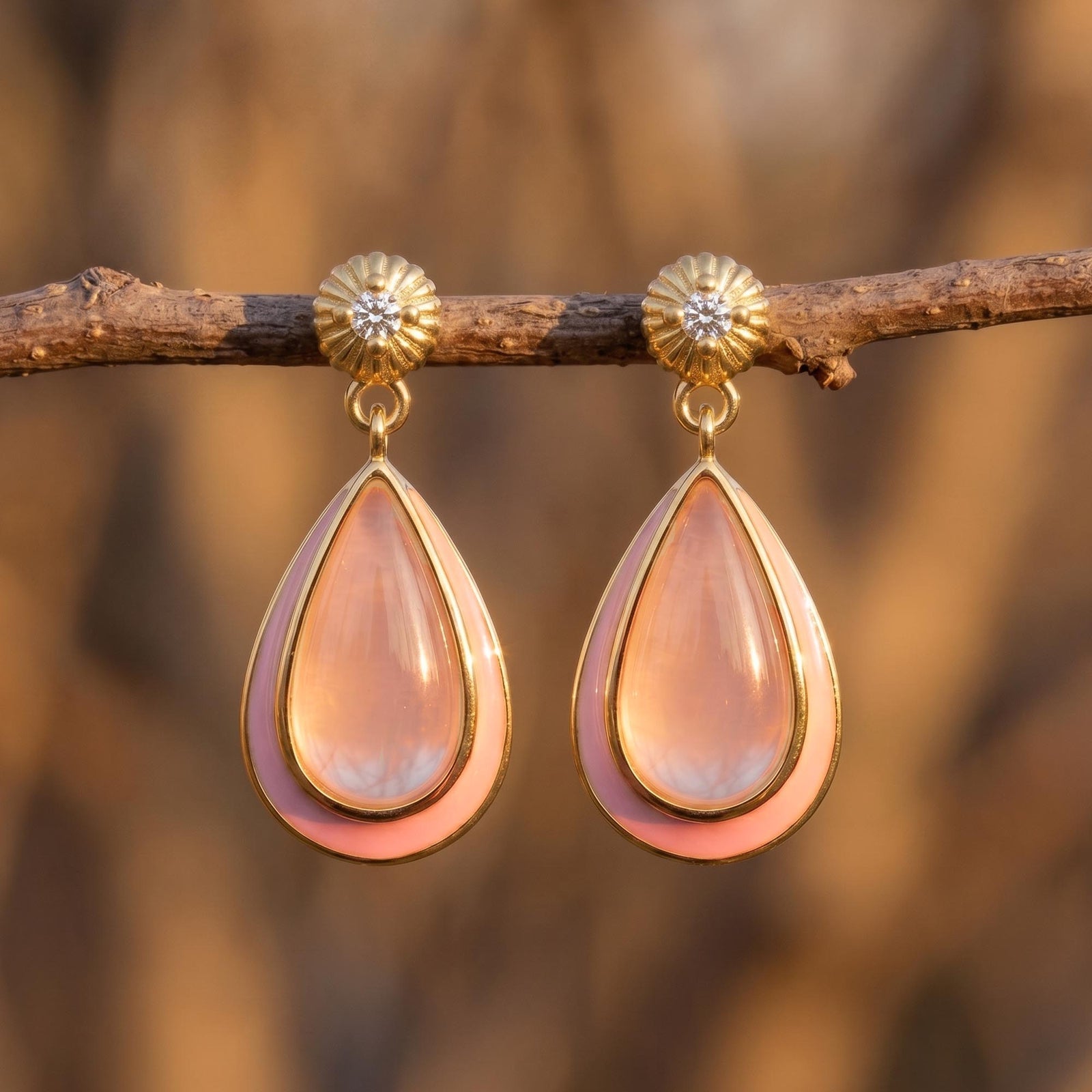 Ripple Teardrop Earrings - Rose Quartz