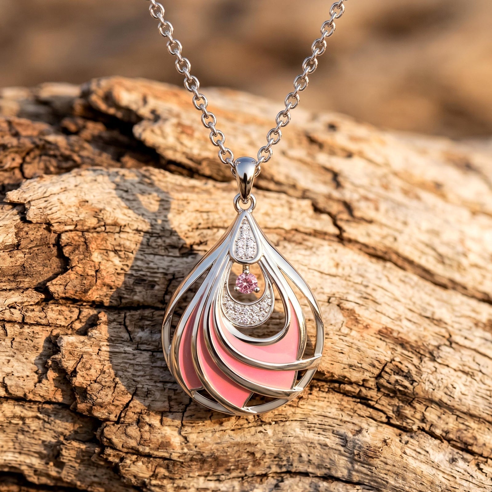 Zephyr Teardrop Necklace - Rose Quartz & Pink
